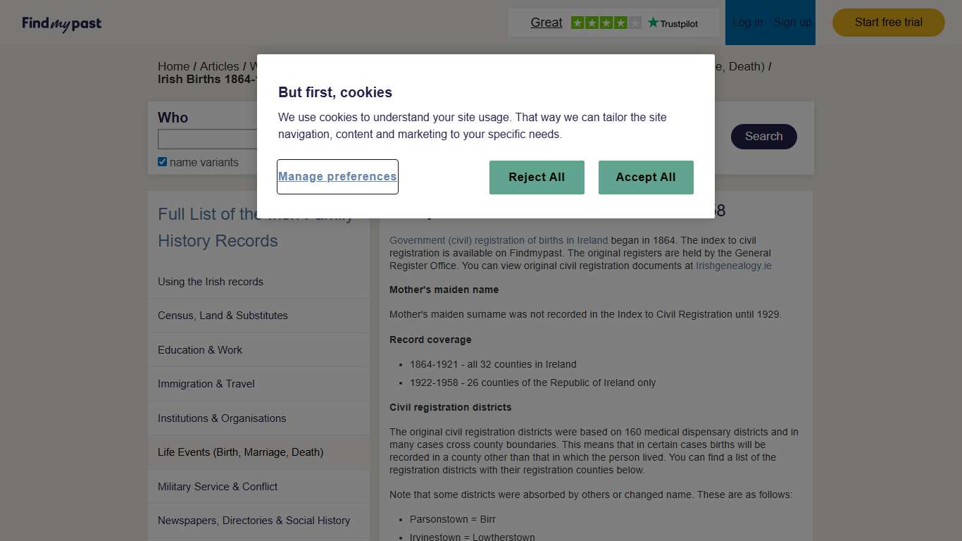 Irish Births 1864-1958 findmypast.ie